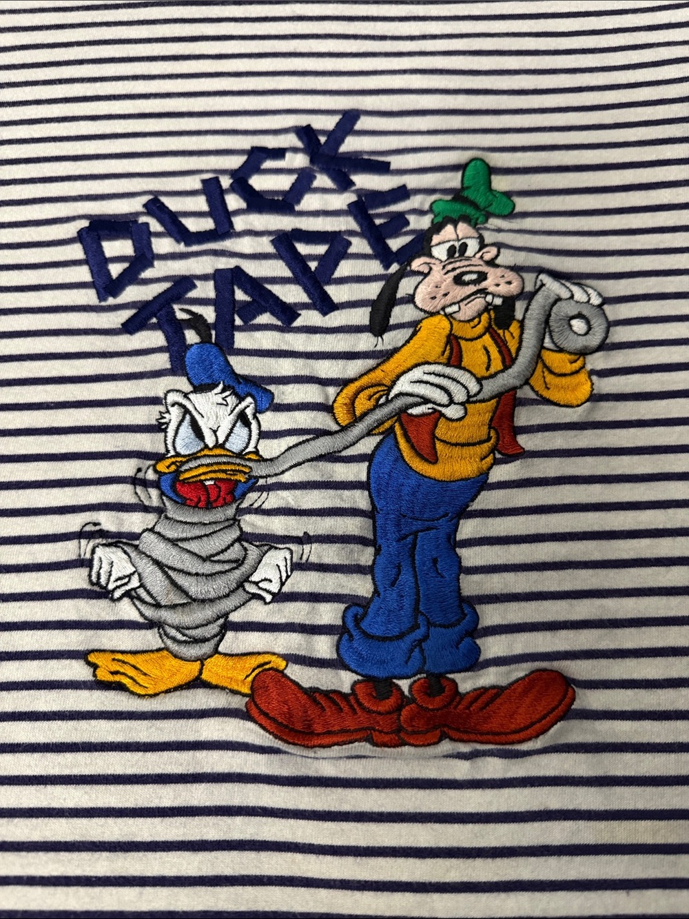 VTG Disney “Duck Tape” Striped Tee with Donald Duck and Goofy Embroidered